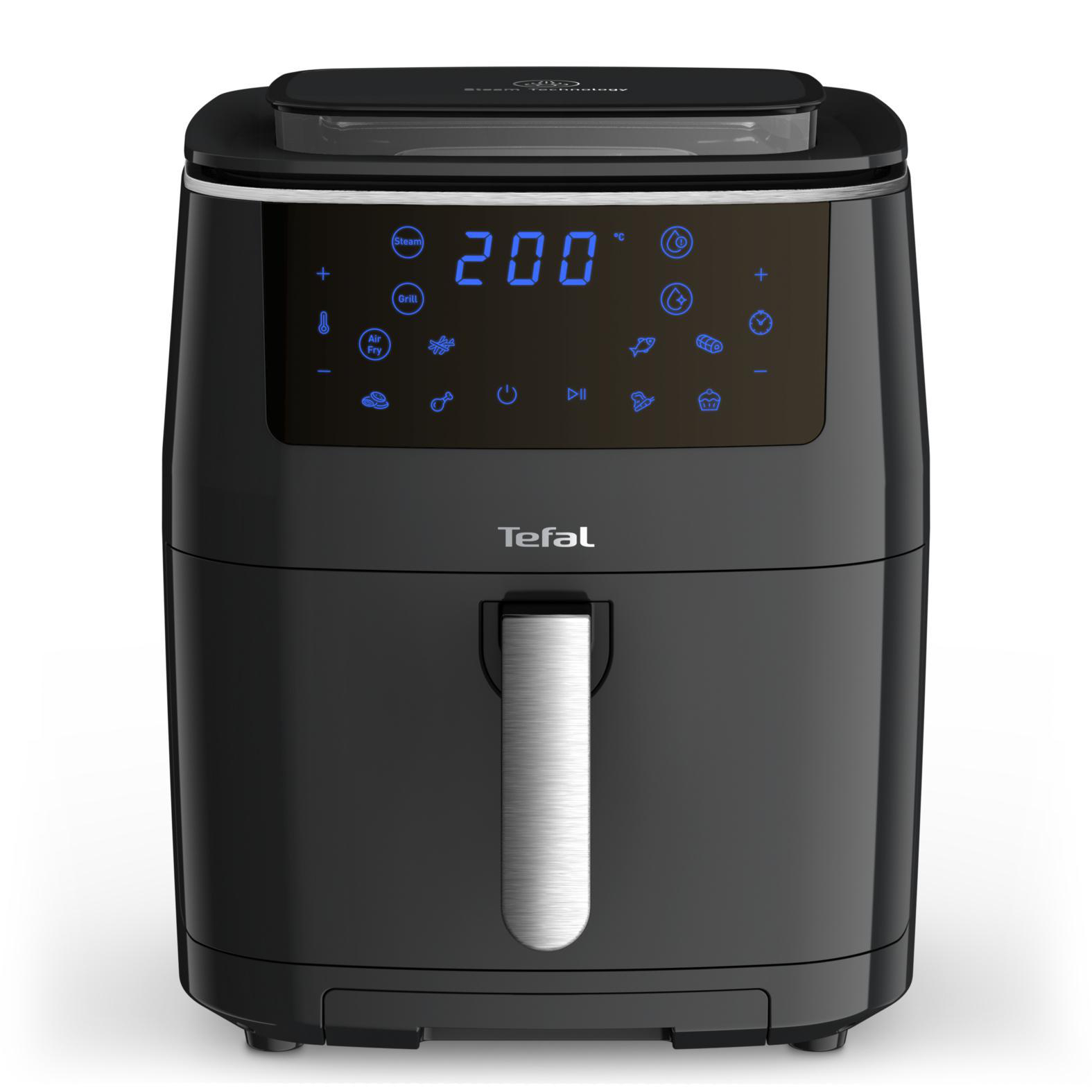 Schwarze Tefal Heißluftfritteuse mit Digitalanzeige, die 200 Grad anzeigt. Silberner Griff und Bedientasten.