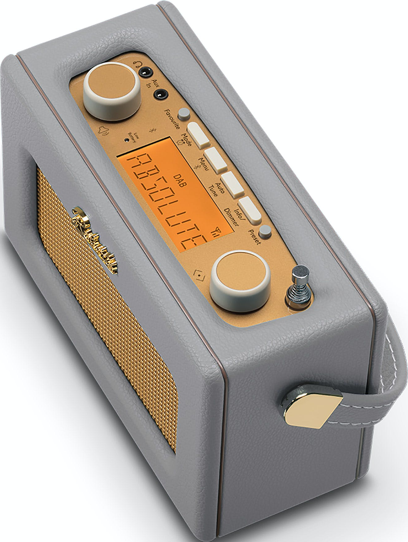 Graues Radio mit goldener Blende, Lautsprecher und LCD-Display, das DAB ABSOLUTE anzeigt.