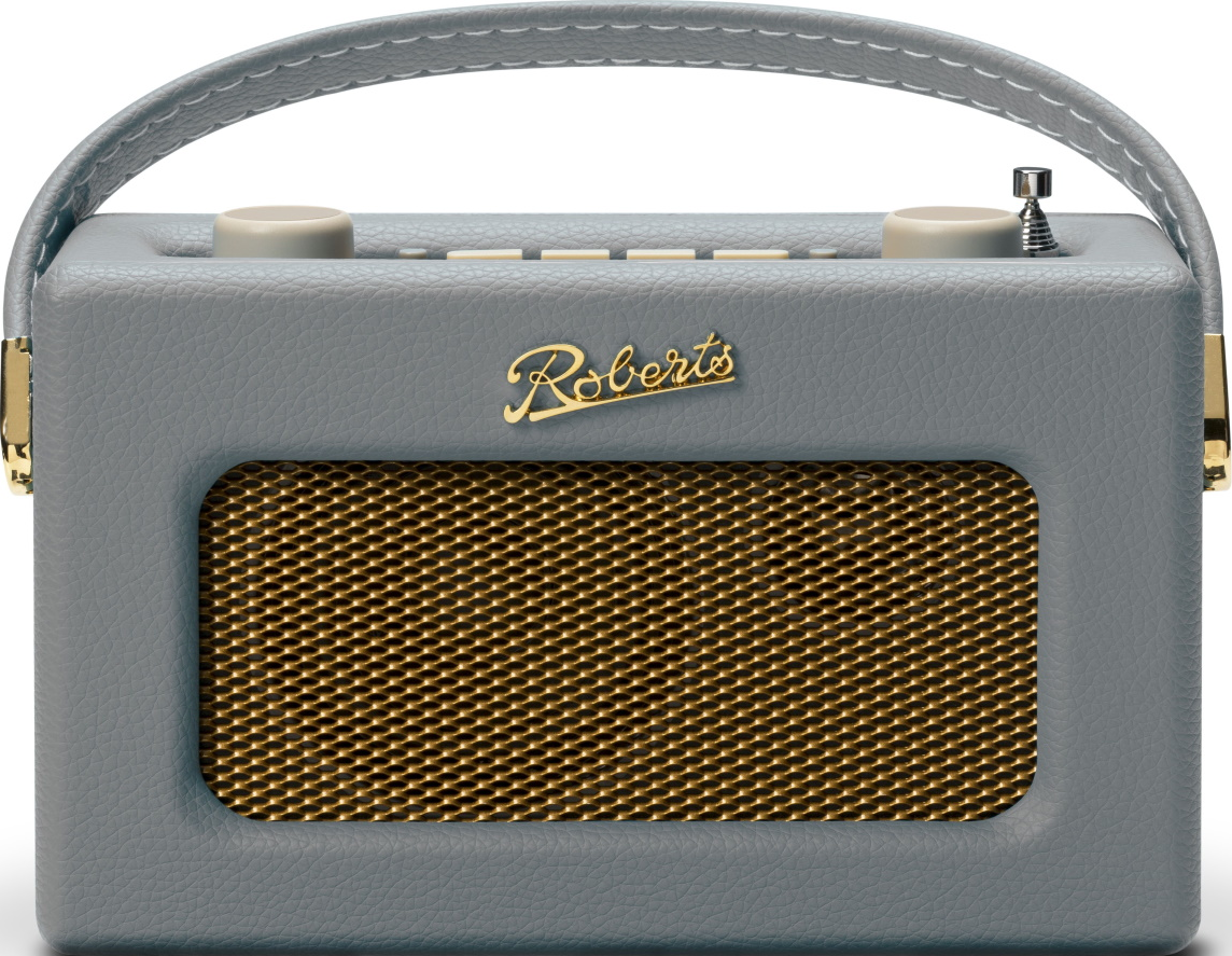 Graues Retro-Radio mit goldenem Lautsprechergrill und Tragegriff.