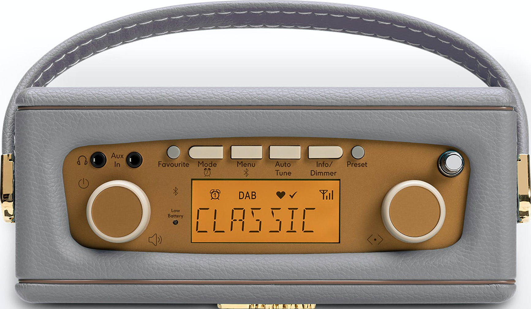 Grauer Leder-Retro-Radio mit goldenen Bedienelementen und einem "CLASSIC"-Display.
