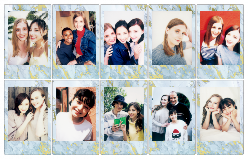 Polaroid style photos. Various people in groups and individually. Indoor and outdoor settings.