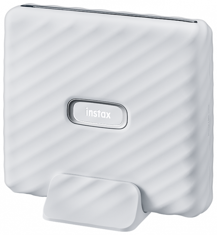 White printer with a stand, a logo visible on the device.