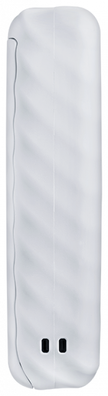 White, textured, cylindrical device with two small black dots at the bottom.