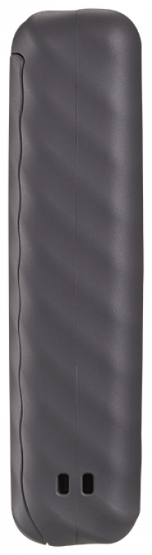 A dark gray, cylindrical device with a textured surface and a small rectangular opening at the base.