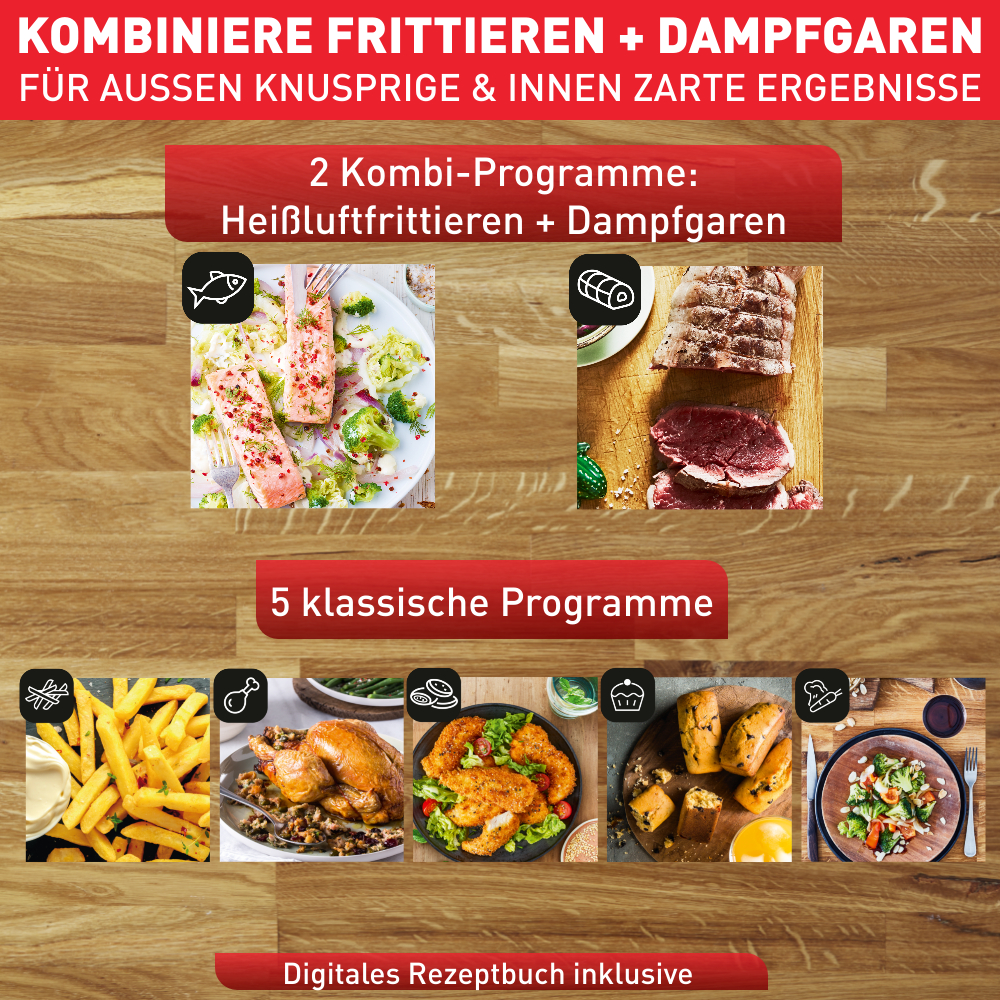 Ein Bild mit Essensfotos, das verschiedene Kochmethoden zeigt.