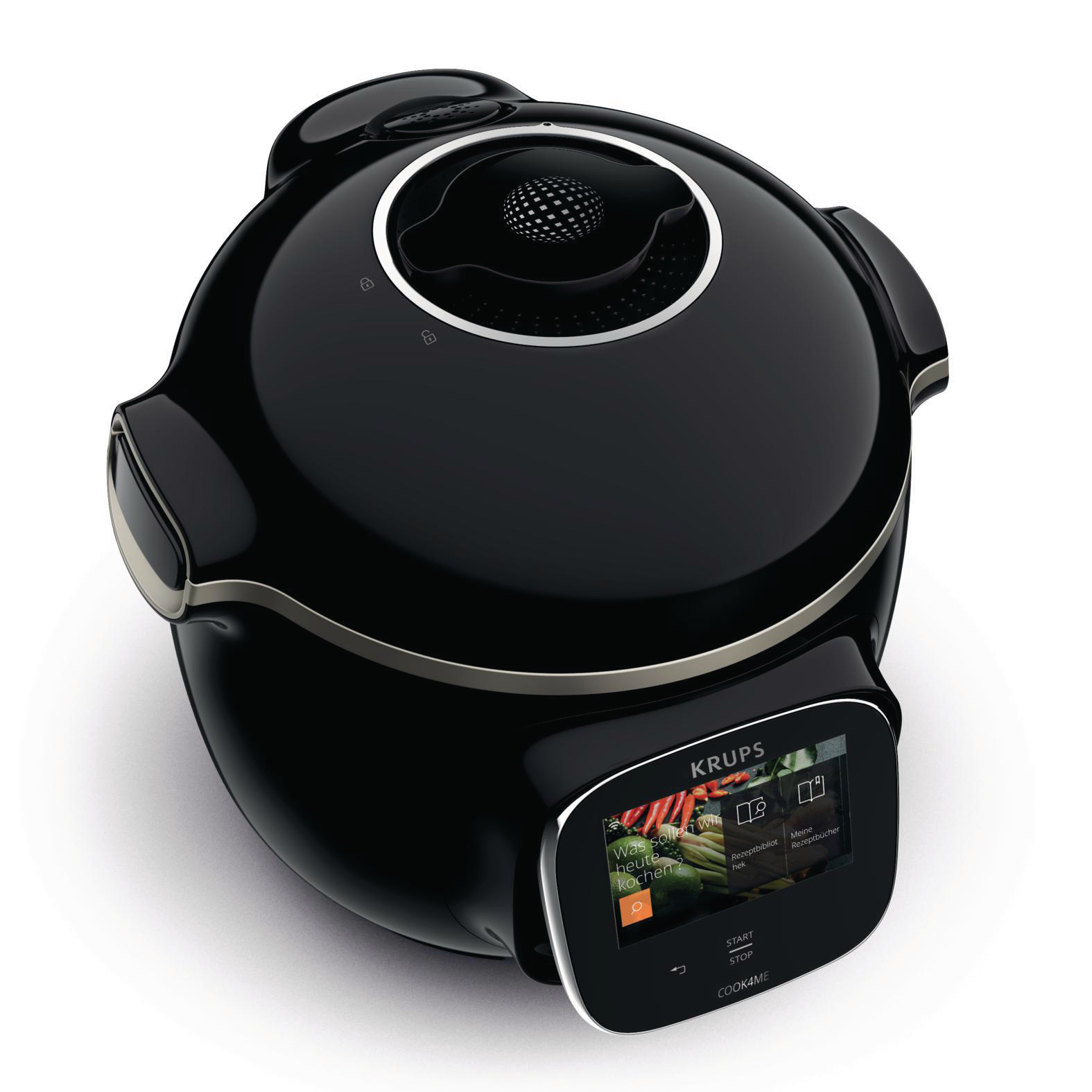 Schwarzer Krups Cook4me Multikocher. Digitales Display und Bedienfeld auf der Vorderseite sichtbar.