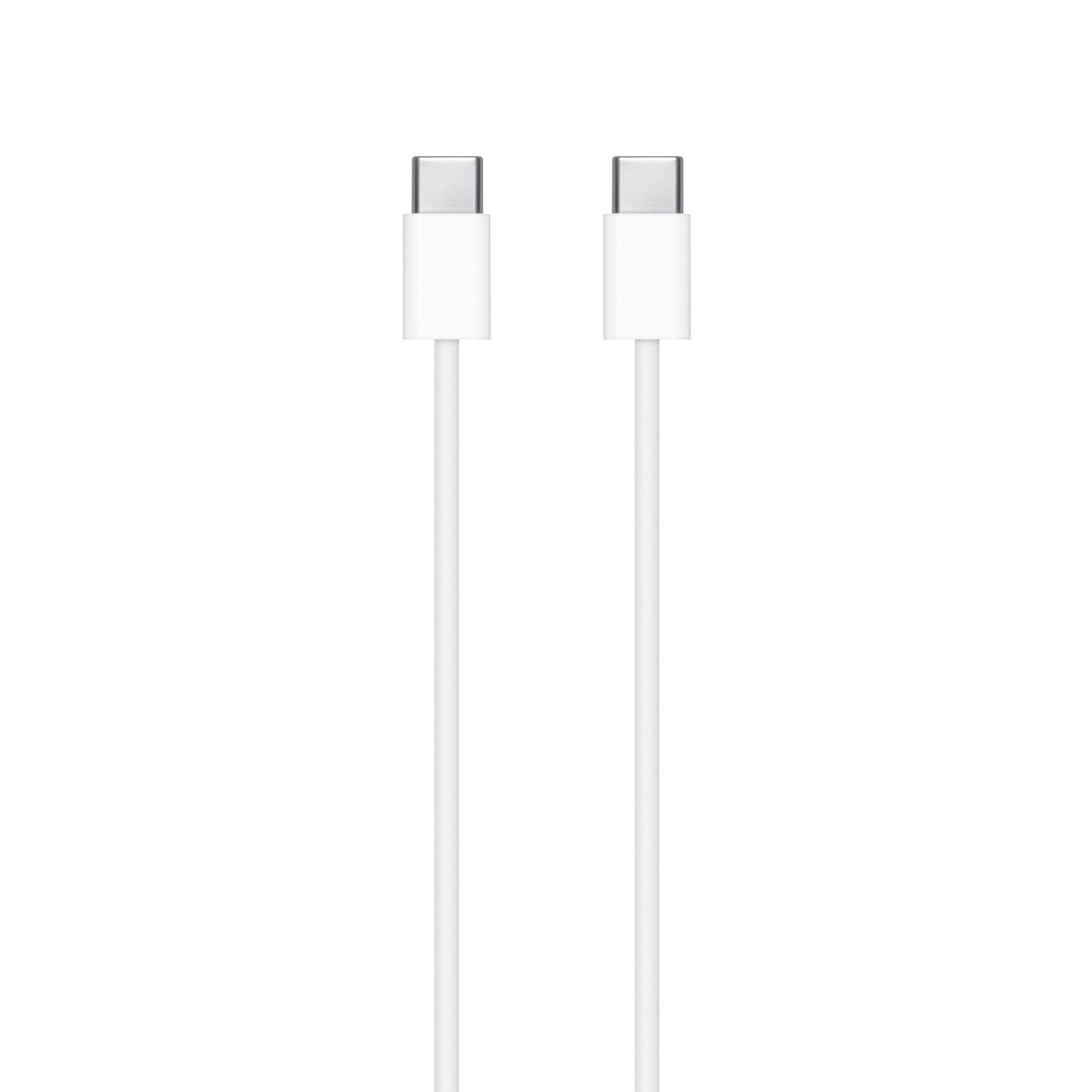 Twee witte USB-C-kabels, parallel op een witte achtergrond. Connectoren bovenaan.