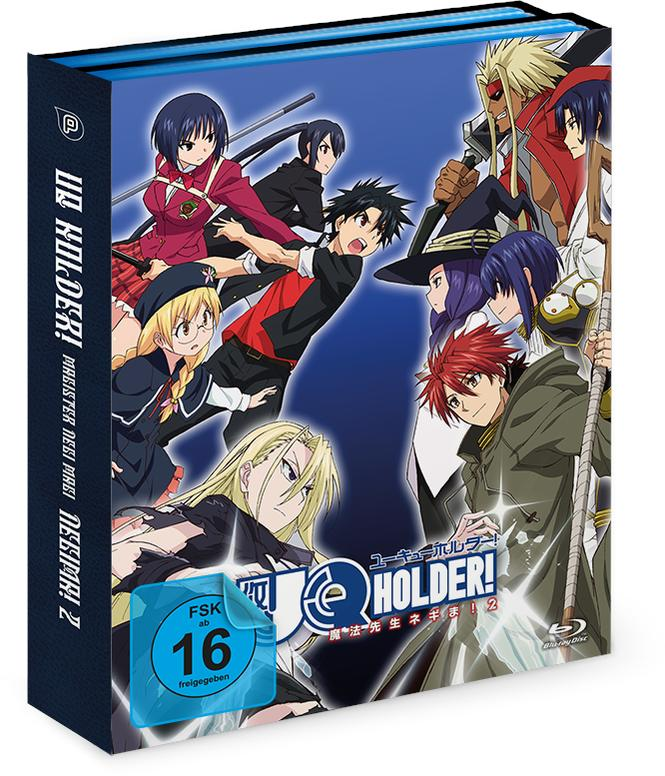 DVD-Cover des Anime 'UQ HOLDER!', mit verschiedenen Charakteren in Aktion.