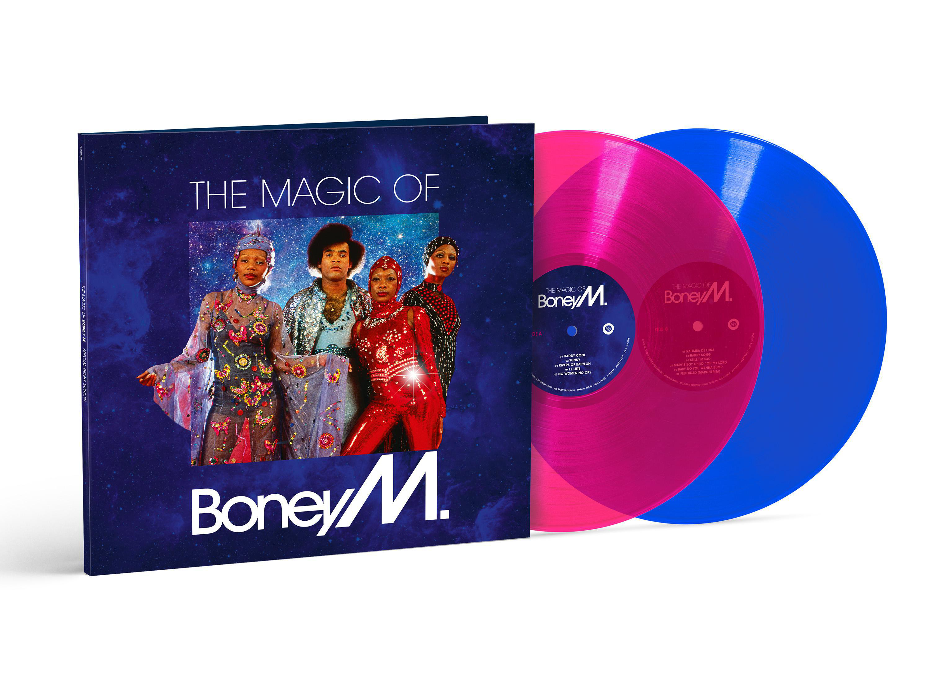 Boney M. Albumcover und Vinylplatten, rosa und blau.