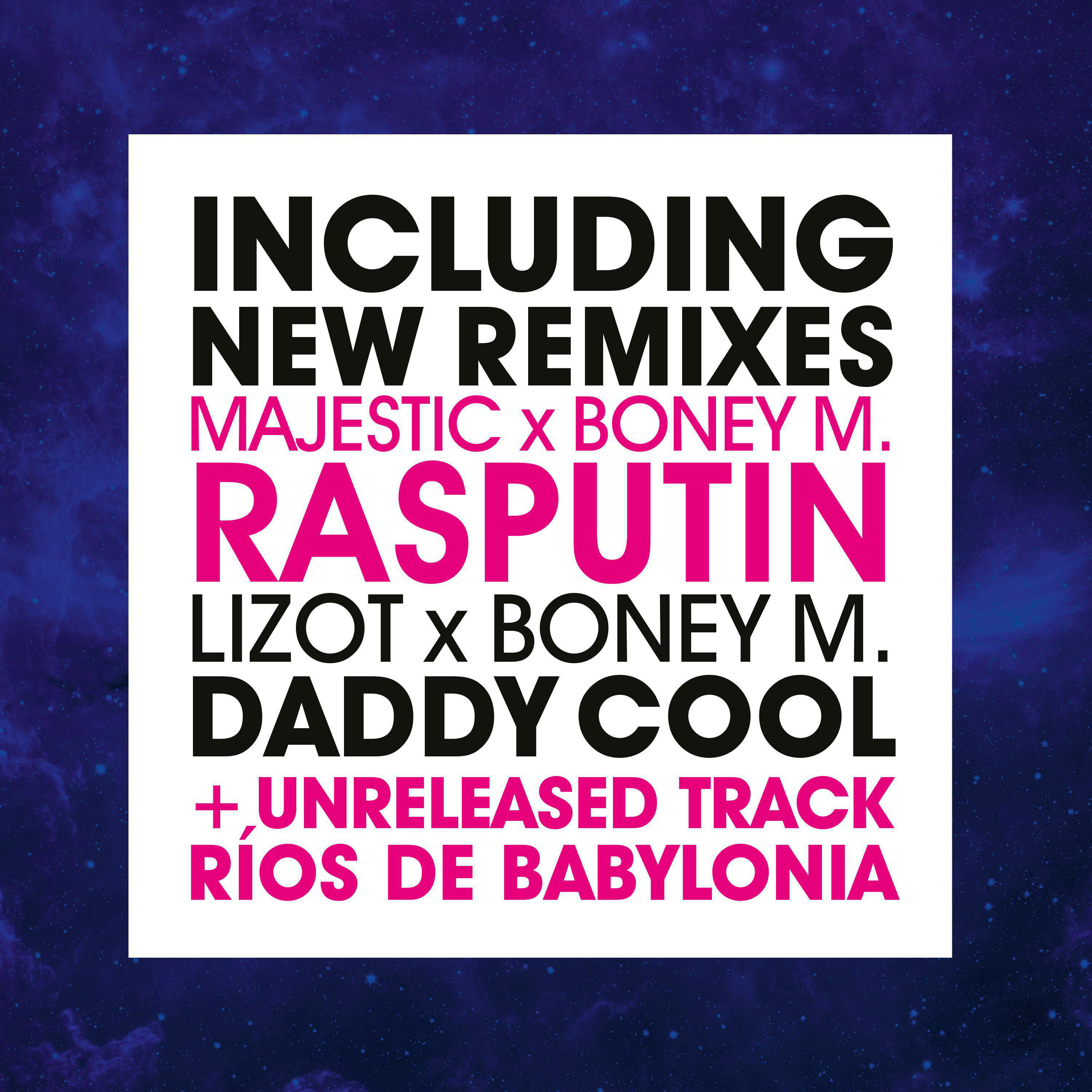 Albumcover mit Texten wie 'Rasputin', 'Daddy Cool' und andere Remixe, in rosa und schwarzer Schrift auf Sternenhintergrund.