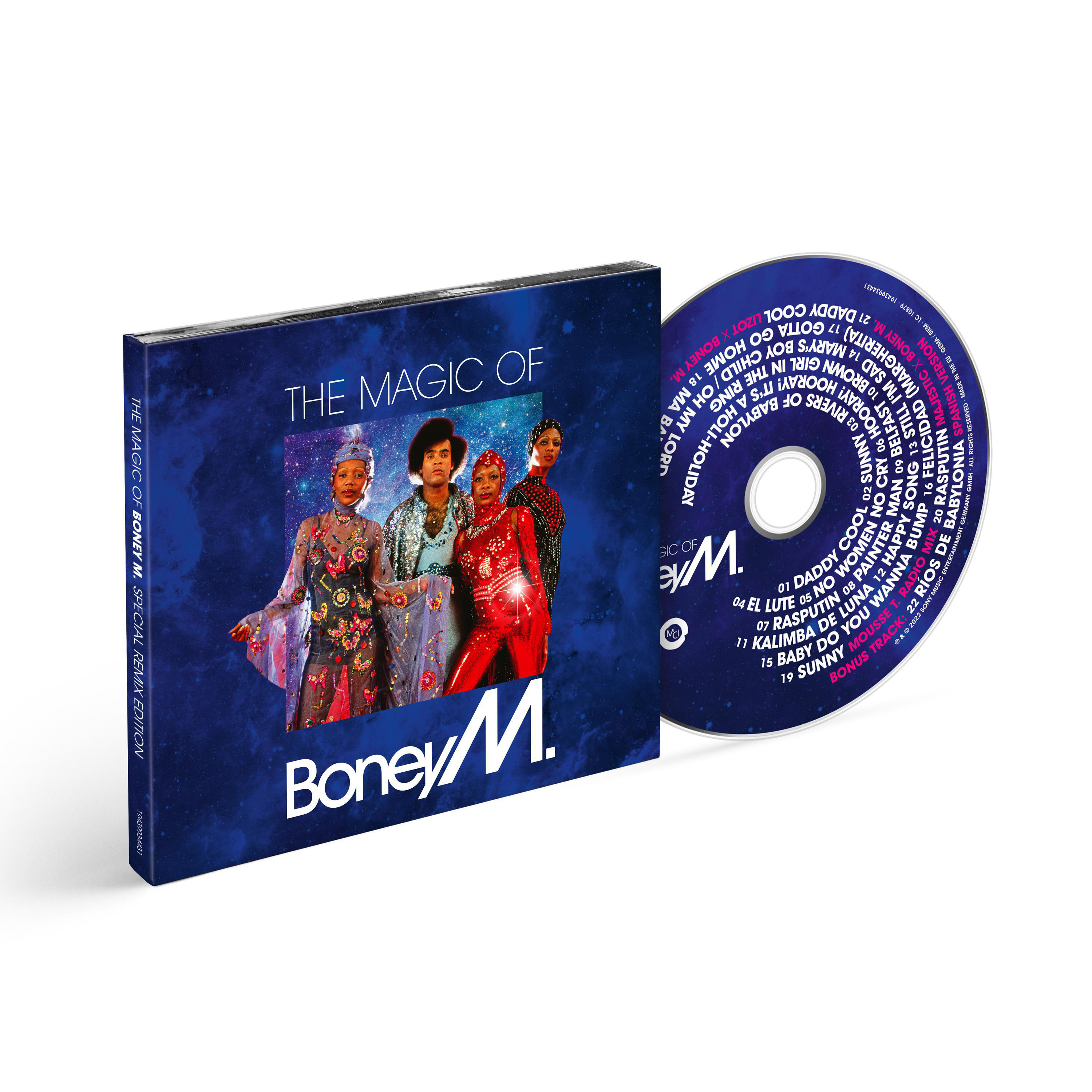 Boney M. CD-Verpackung, mit teilweise sichtbarer CD und Weltraum-Cover.