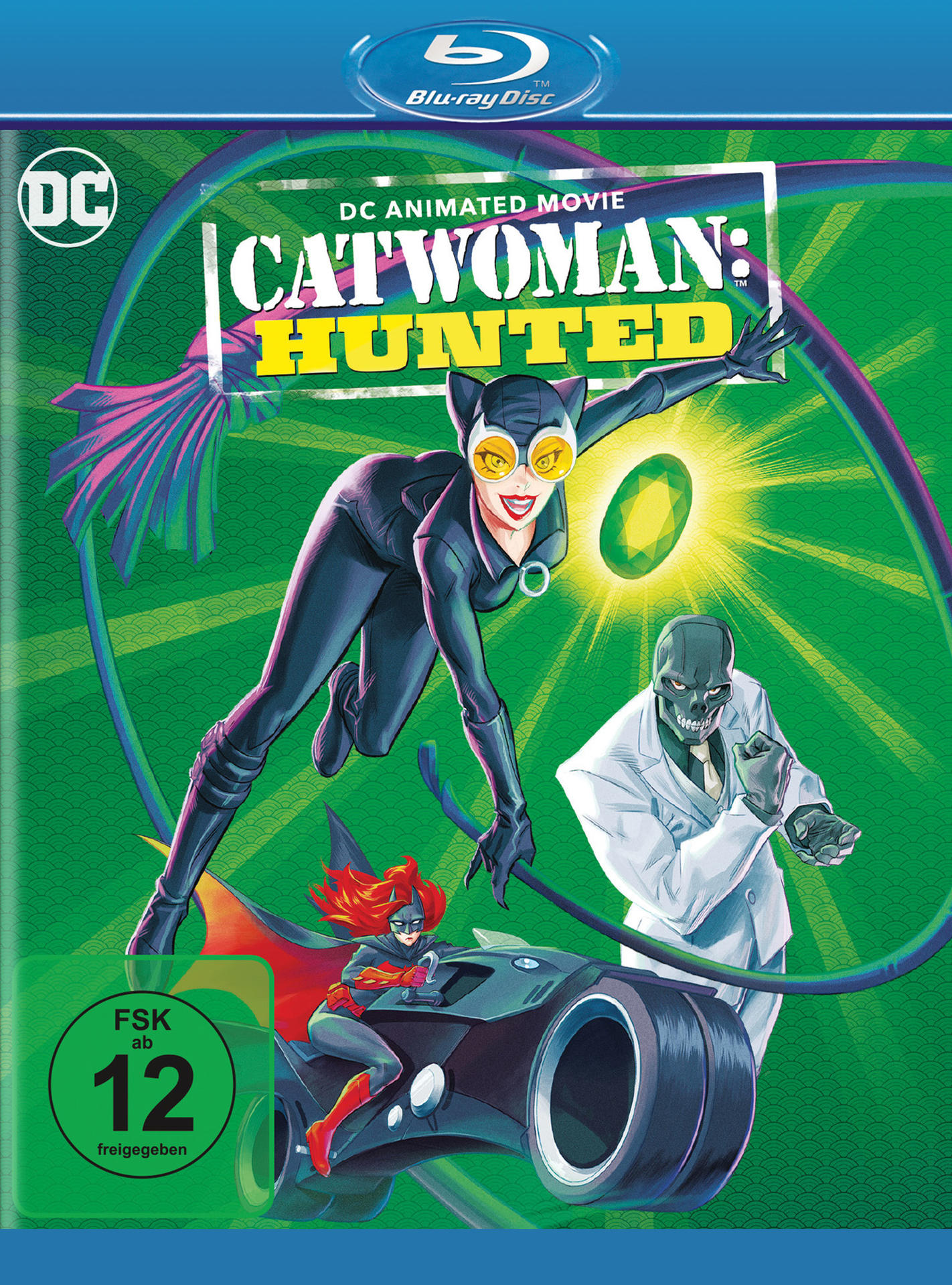 Catwoman: Hunted Blu-ray-Cover mit Catwoman, Batman und anderen Charakteren.
