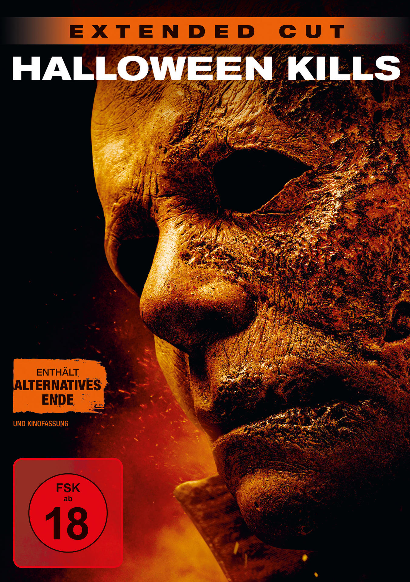 Halloween Kills DVD-Cover. Nahaufnahme einer Maske mit feurigem Hintergrund.