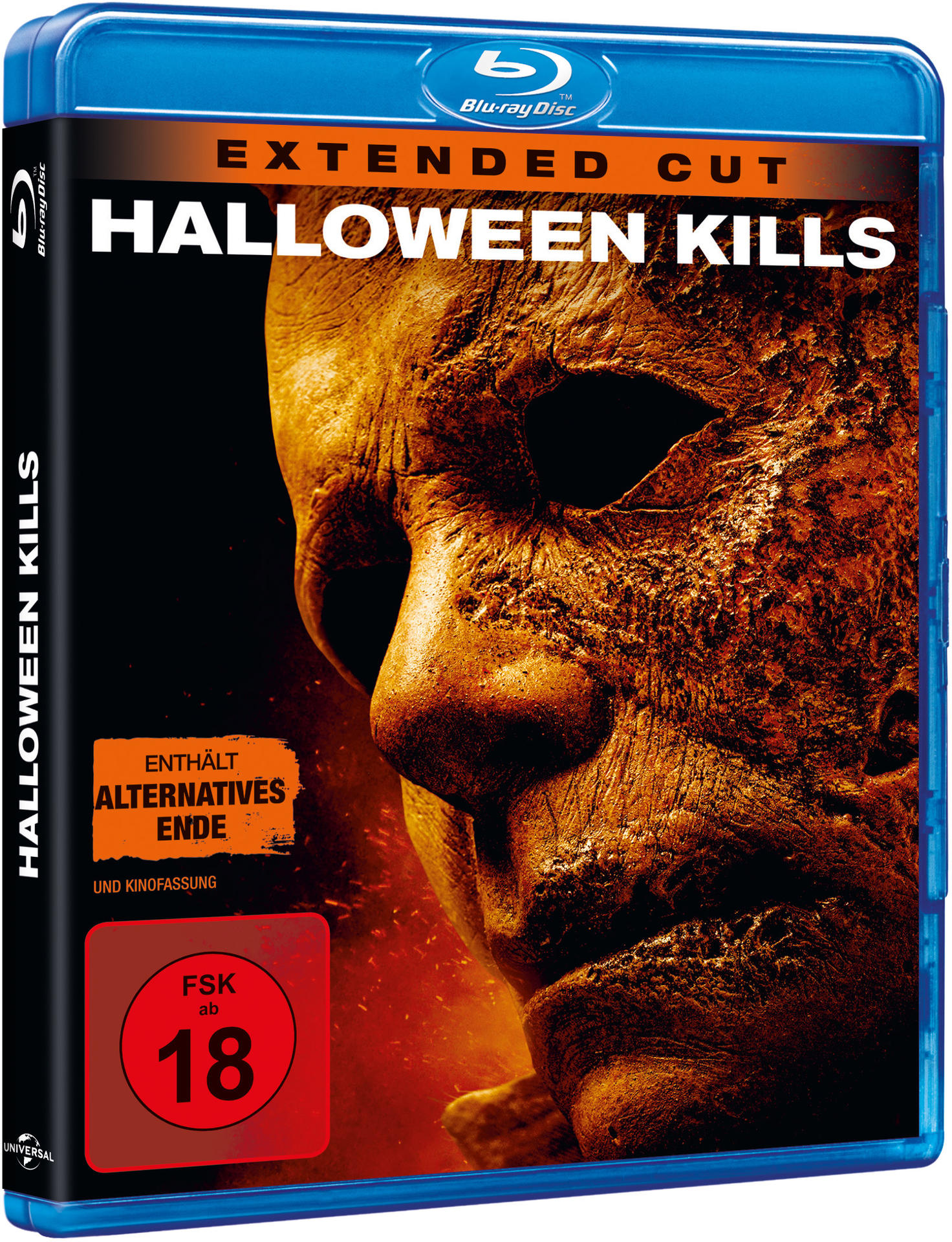 Blu-ray-Disc-Hülle für den Film "Halloween Kills" mit einer Nahaufnahme eines Gesichts.