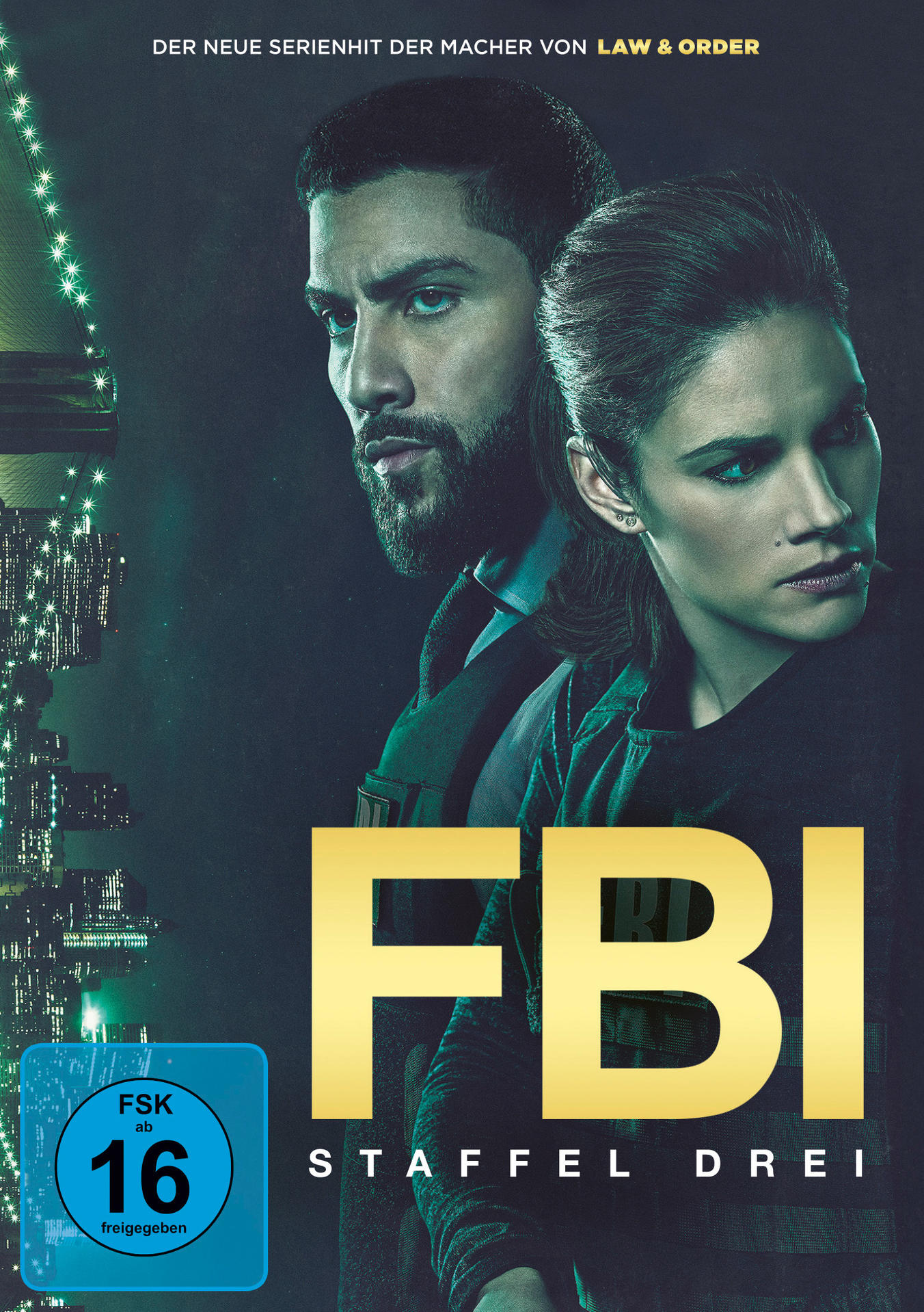 FBI Staffel 3 DVD-Cover mit zwei Schauspielern. Text: 'FBI Staffel Drei' und eine Altersfreigabe ab 16.