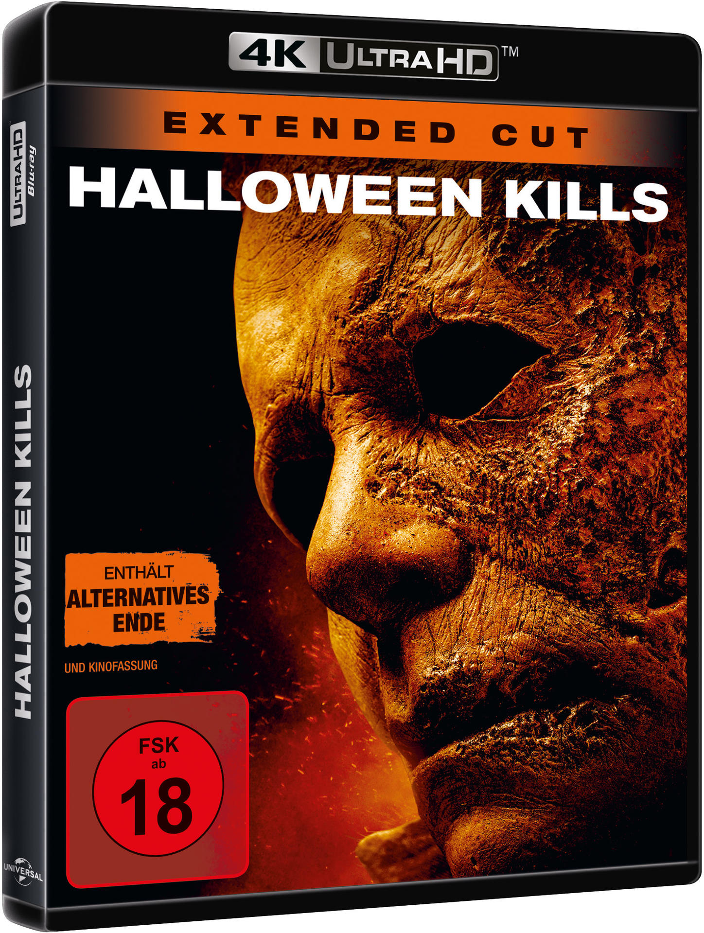 Halloween Kills Blu-ray-Box mit Michael Myers-Gesicht, schwarzer Hintergrund.