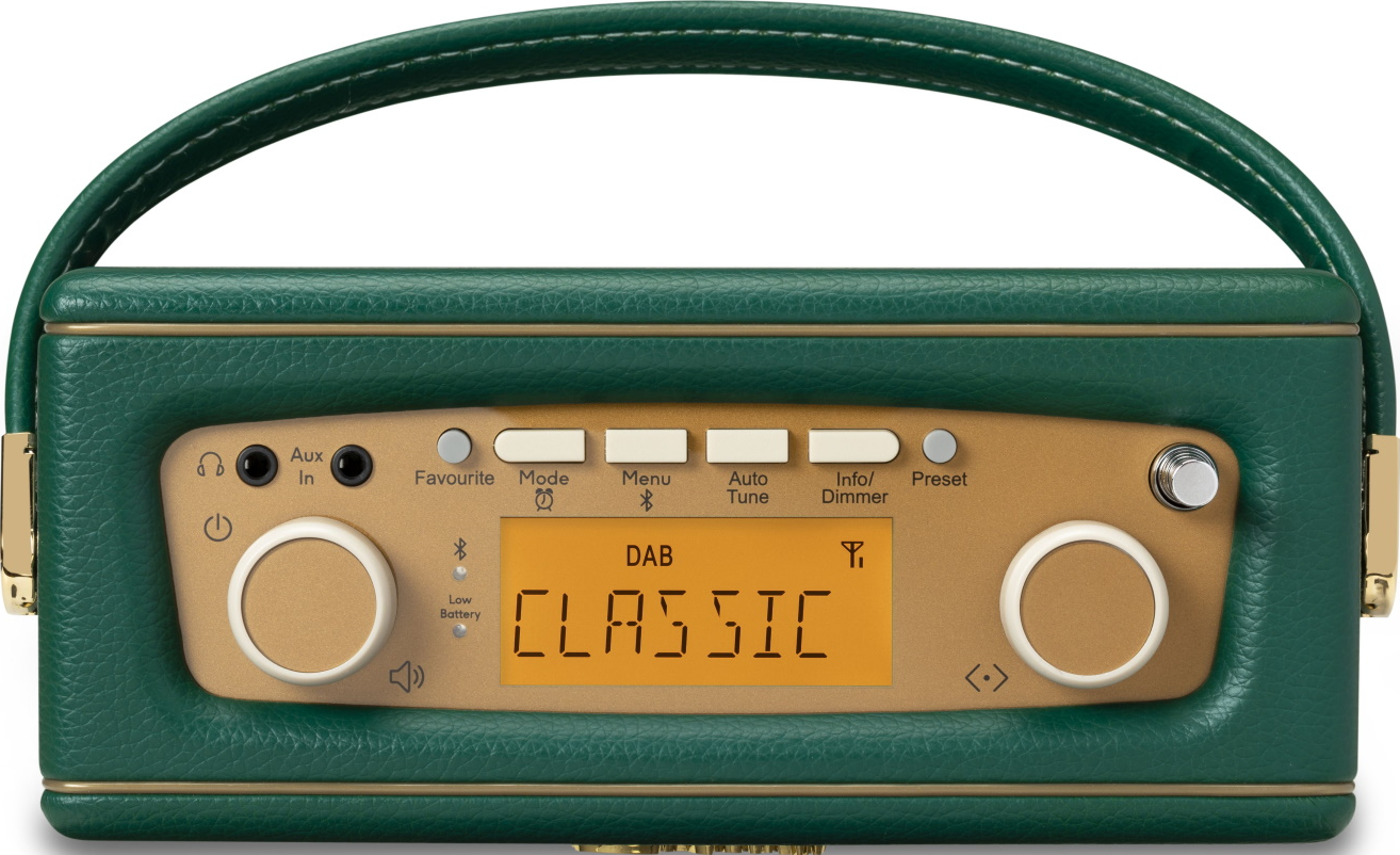 Ein grünes DAB-Radio mit goldener Front und einem Ledergriff. Zeigt 'CLASSIC' an.