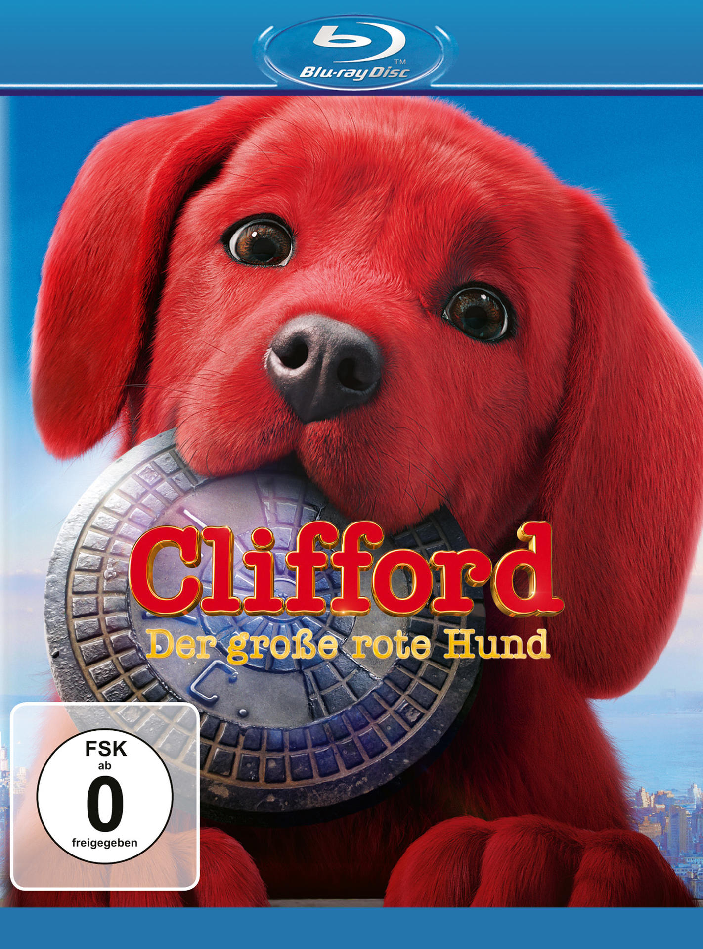 Filmcover: Roter Hund mit Münze. Titel: 'CLIFFORD', darunter 'Der große rote Hund'.