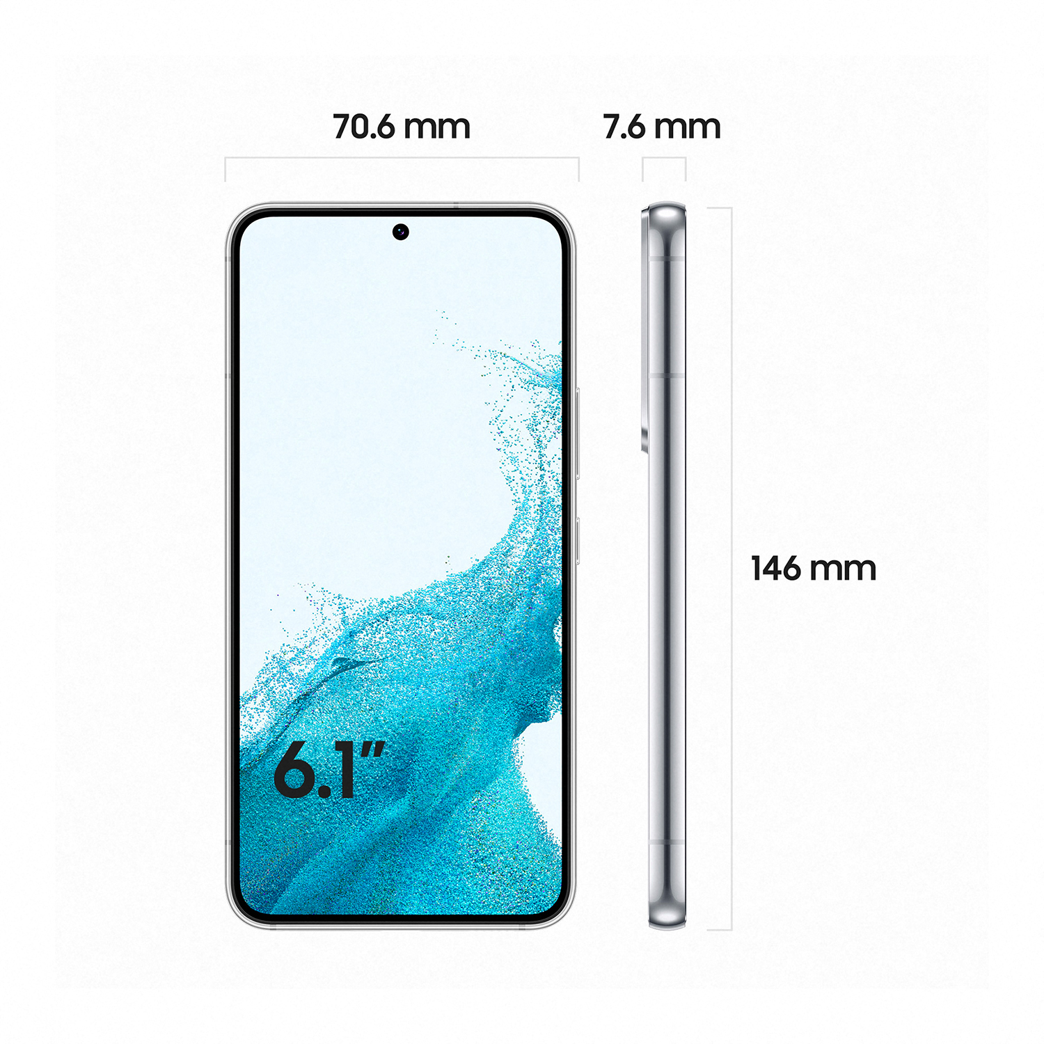 Un smartphone plateado, mostrando su pantalla y perfil lateral, con indicadores de tamaño.