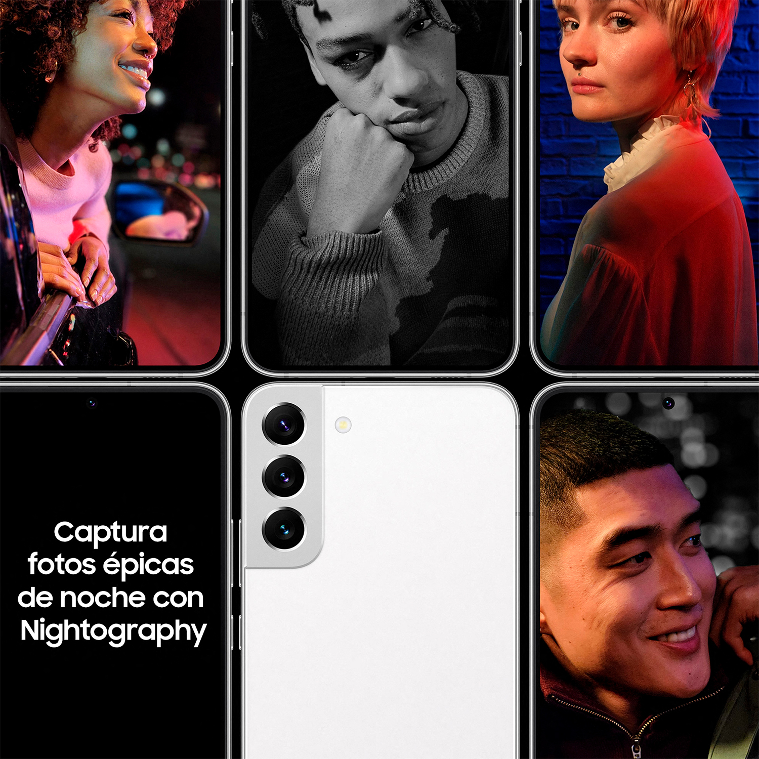 Collage de personas con teléfonos. Teléfono Samsung en el centro con triple cámara. Leyenda Nightography.