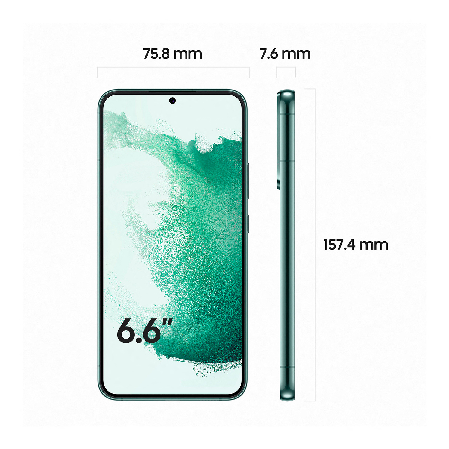 Un teléfono que muestra su pantalla y dimensiones: 75,8 mm x 7,6 mm x 157,4 mm, pantalla de 6,6".