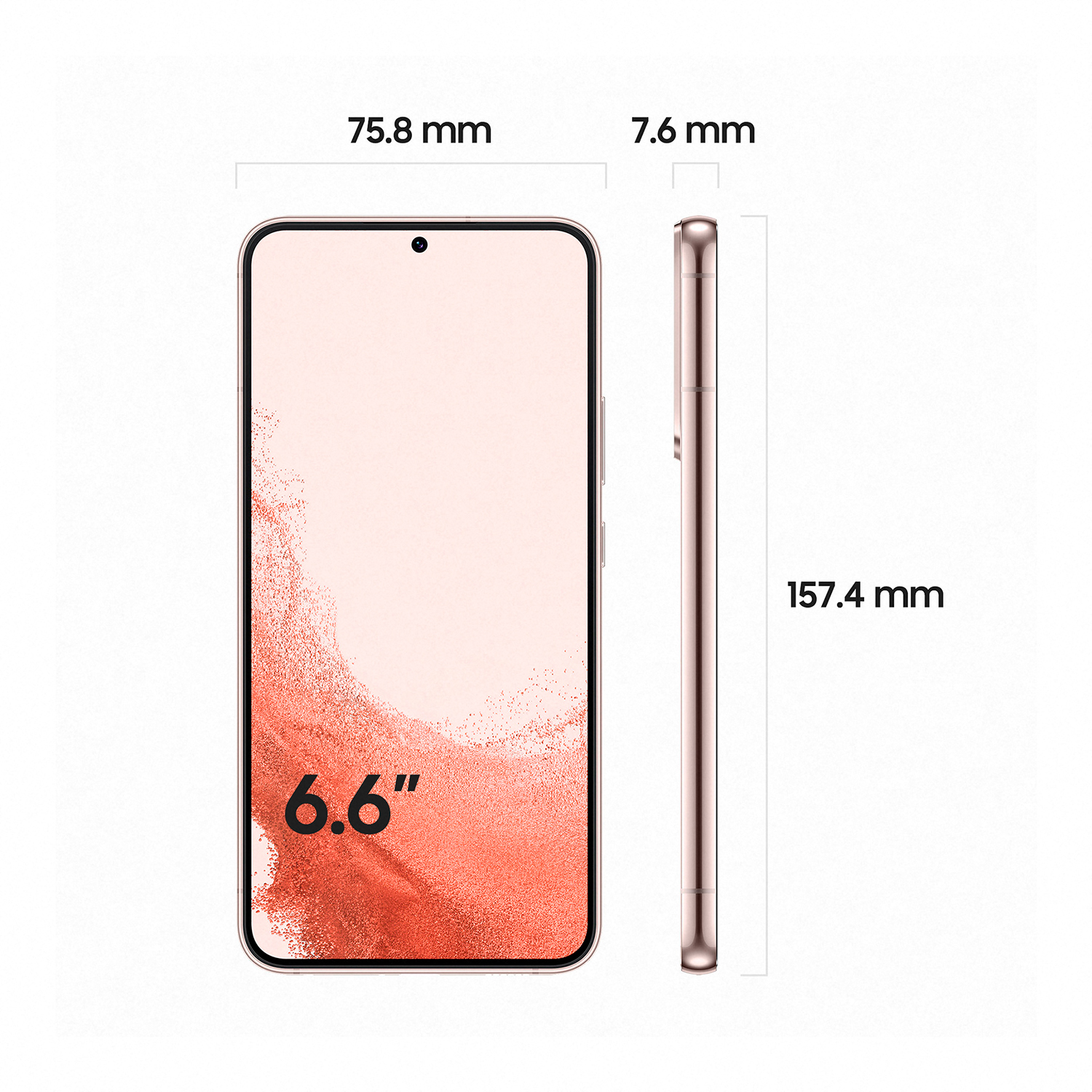 Smartphone oro rosa, dimensiones mostradas. Pantalla muestra un diseño naranja y blanco.