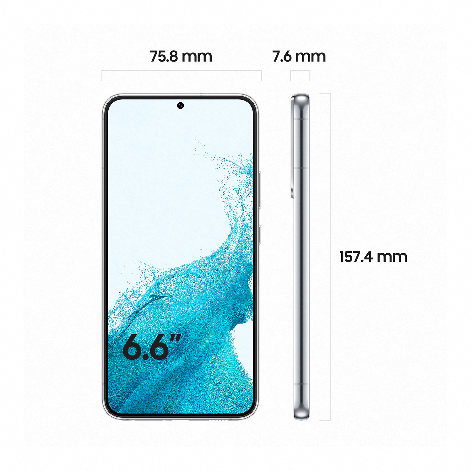 Teléfono Samsung: Pantalla y dimensiones. Pantalla de 6.6", 75.8mm ancho, 7.6mm grosor, 157.4mm alto.