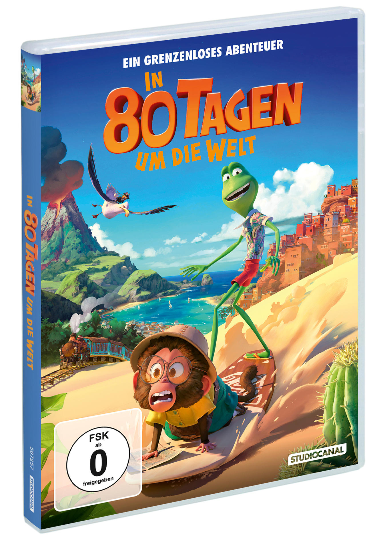DVD-Hülle mit Cartoonfiguren in einer Wüstenlandschaft, ein Frosch auf einem Surfbrett.