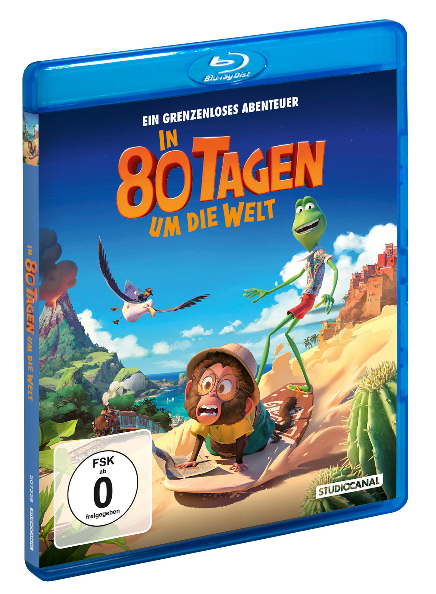 Filmcover mit animierten Figuren und Text. Blauer Hintergrund und eine Blu-ray Disc.