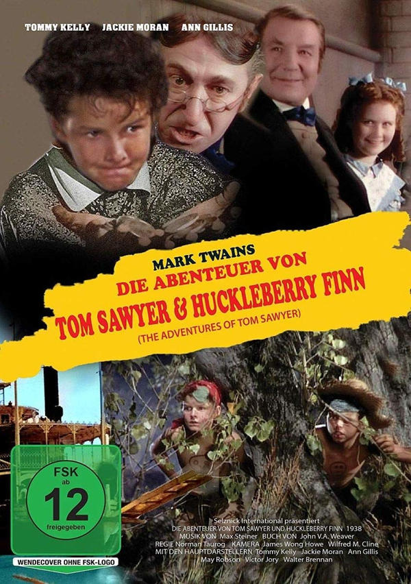 DVD-Cover: Tom Sawyer & Huckleberry Finn. Gruppe von Personen, darunter Kinder, in einer Waldumgebung.
