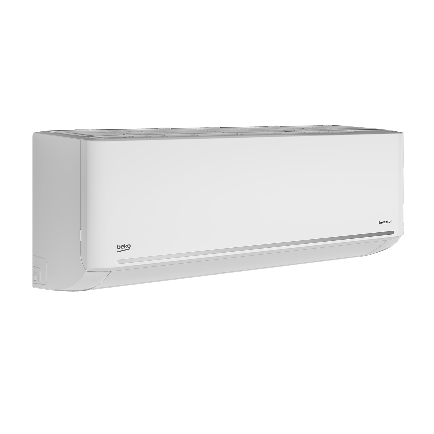 Condizionatore bianco, montato su una parete bianca. Logo Beko visibile.
