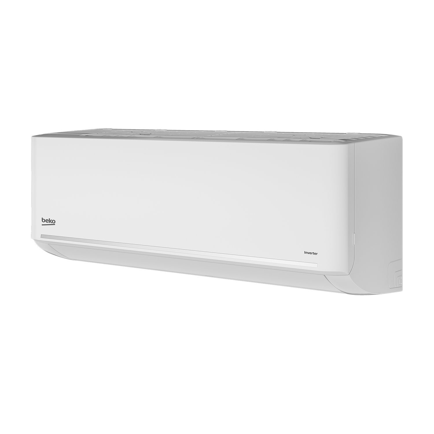 Condizionatore Beko bianco su sfondo bianco. Testo Inverter sul lato.