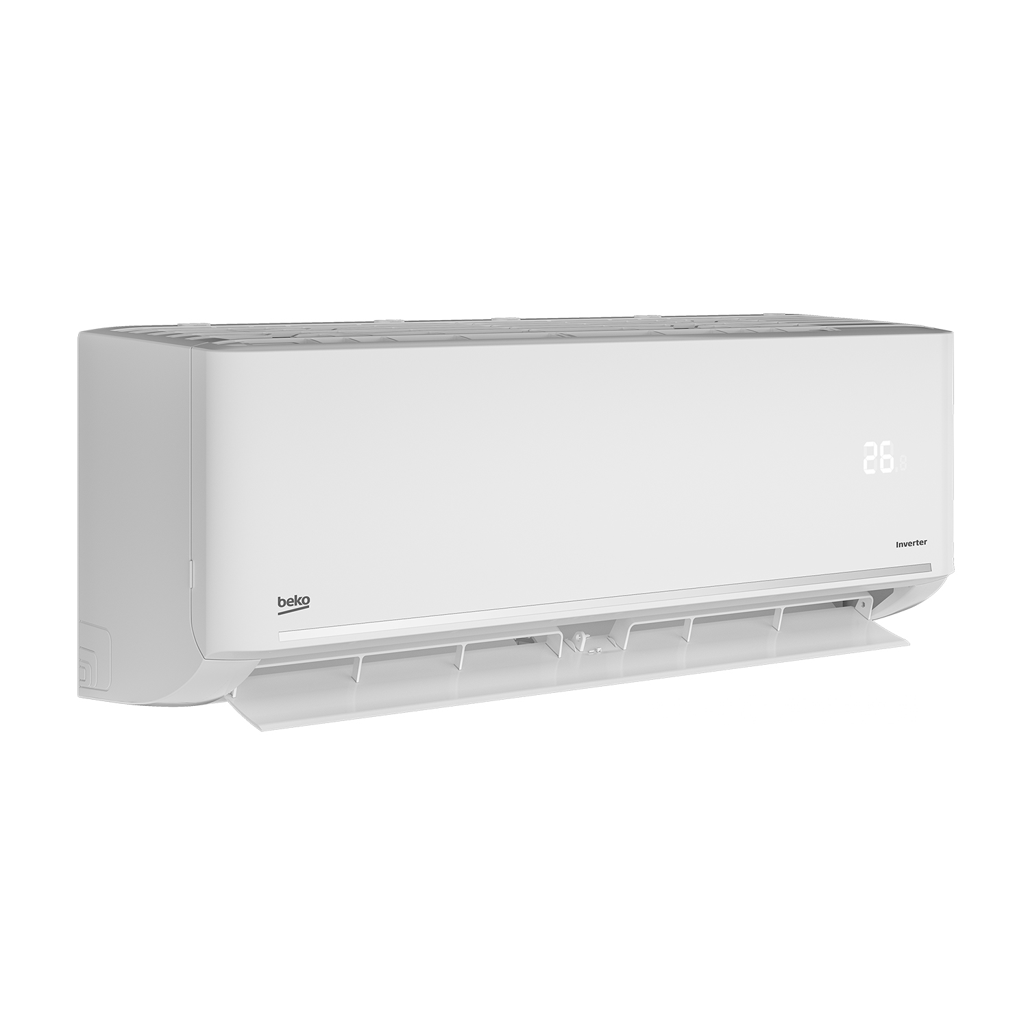 Un condizionatore Beko bianco con un'etichetta inverter su sfondo bianco.