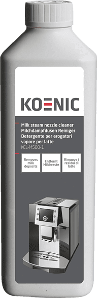 Fles melk stoomsproeierreiniger. Witte en grijze achtergrond.