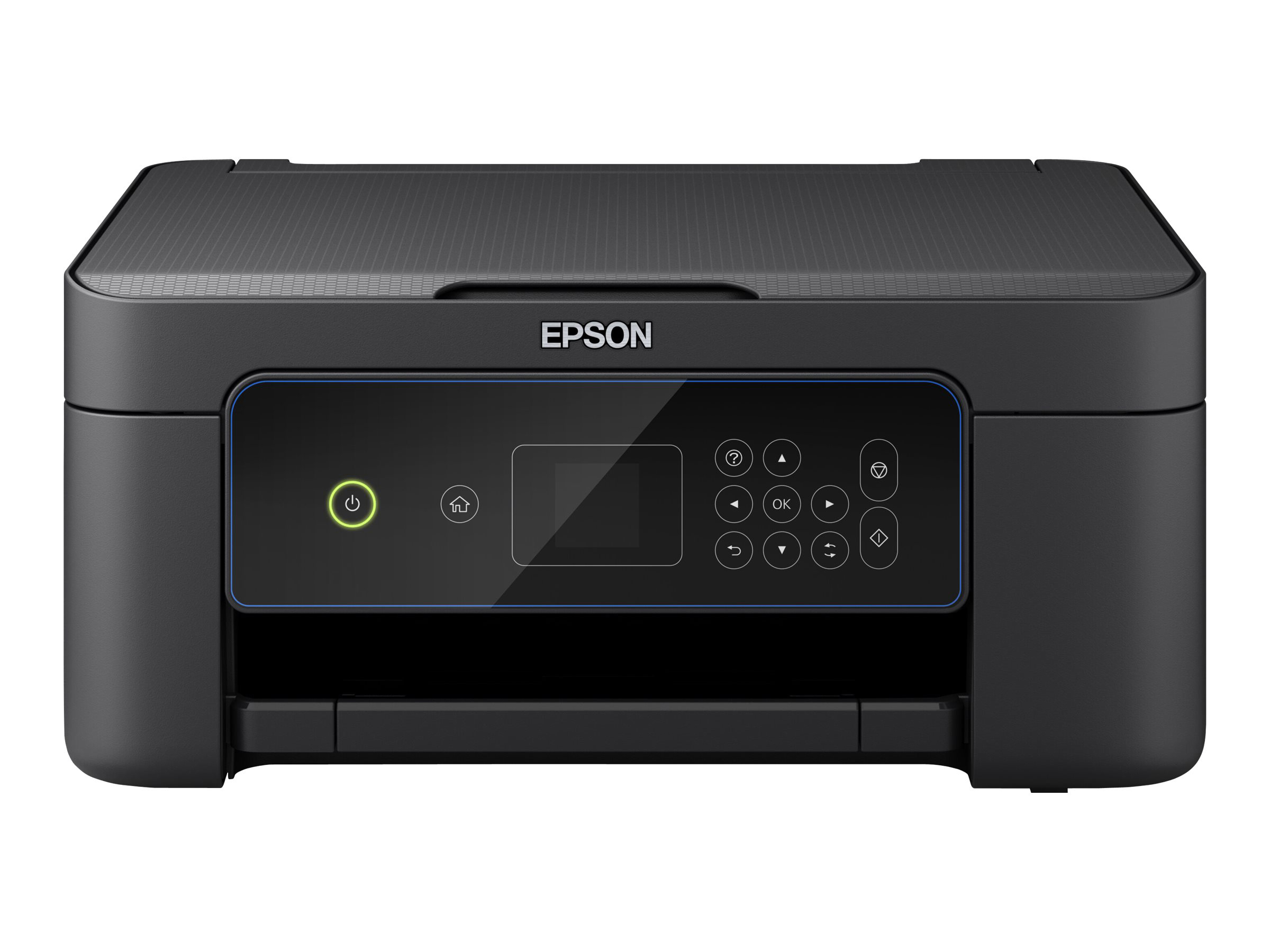 Ein schwarzer Epson-Drucker mit Bedienfeld und Ein-/Ausschalter. Der Drucker steht auf weißem Untergrund.
