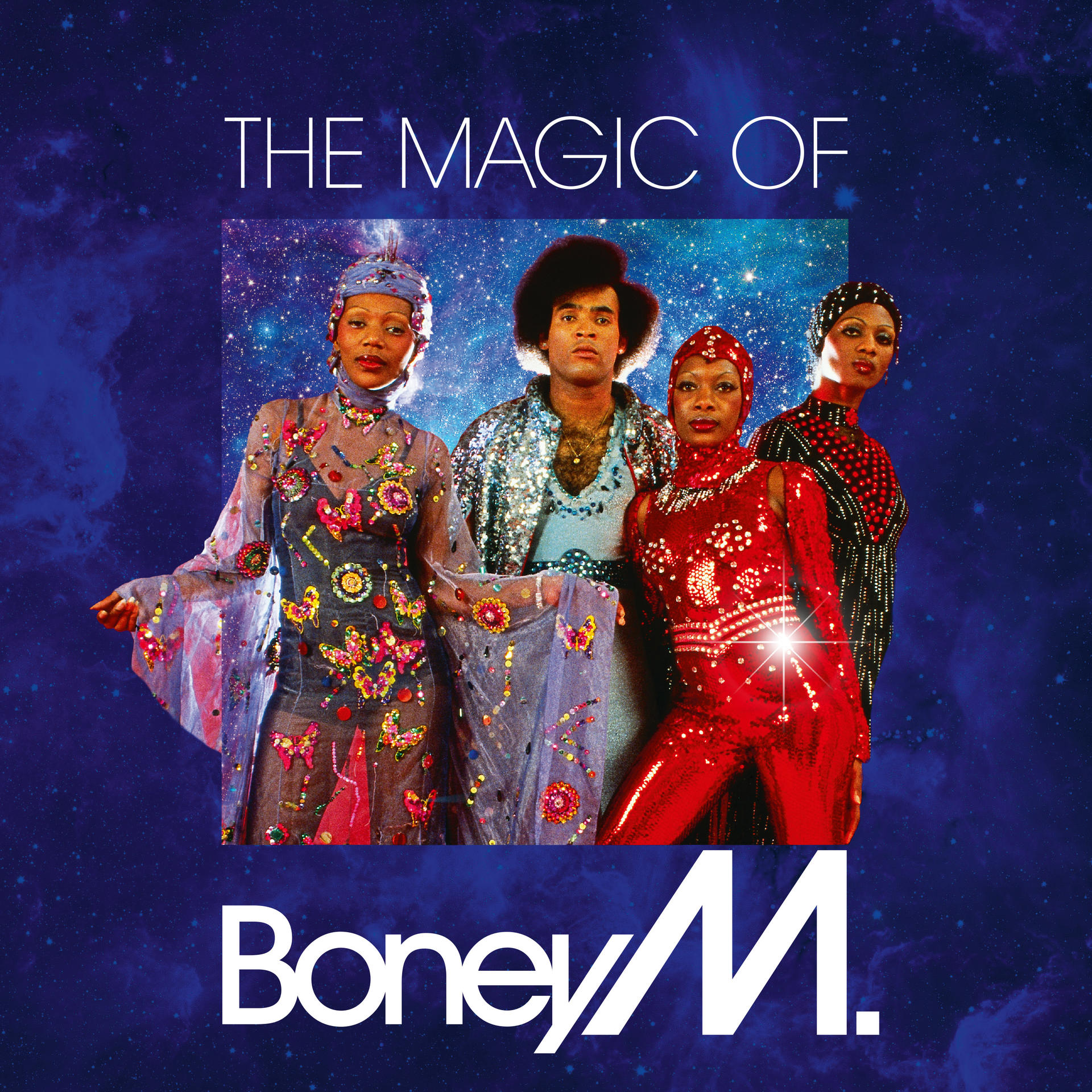 Albumcover: Vier Personen in Retro-Outfits vor Sternenhimmel, Titel 'Boney M'.