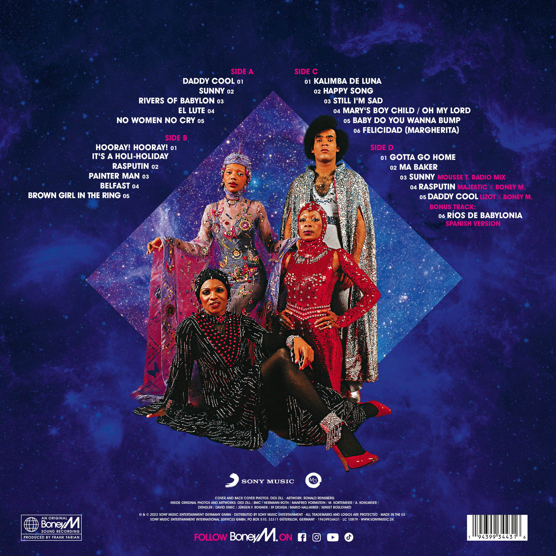 Albumcover einer Band mit vier Mitgliedern, Text auf Französisch und Englisch.
