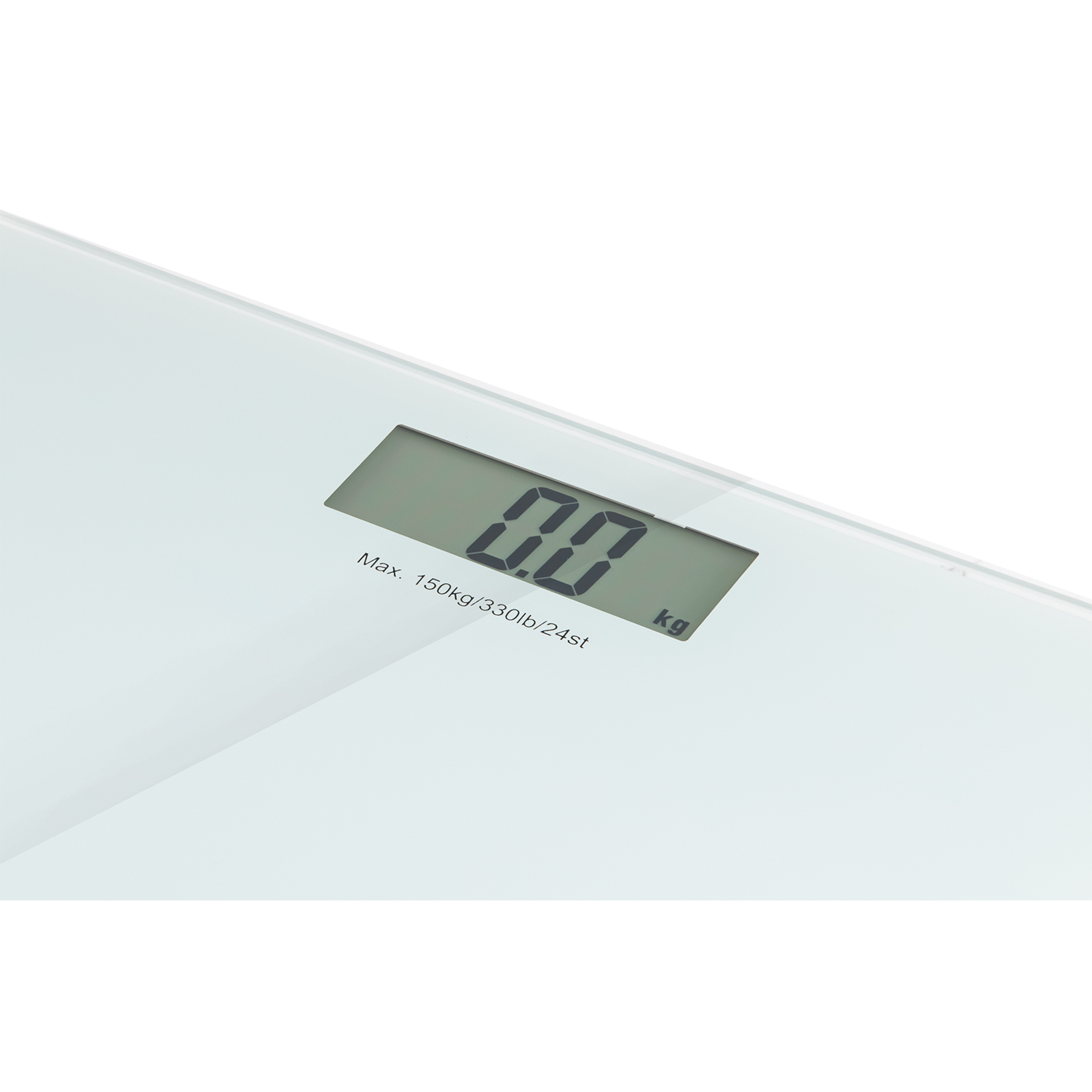Una bilancia digitale bianca che mostra 0,0 kg. La bilancia è su una superficie bianca, con testo sotto il display.
