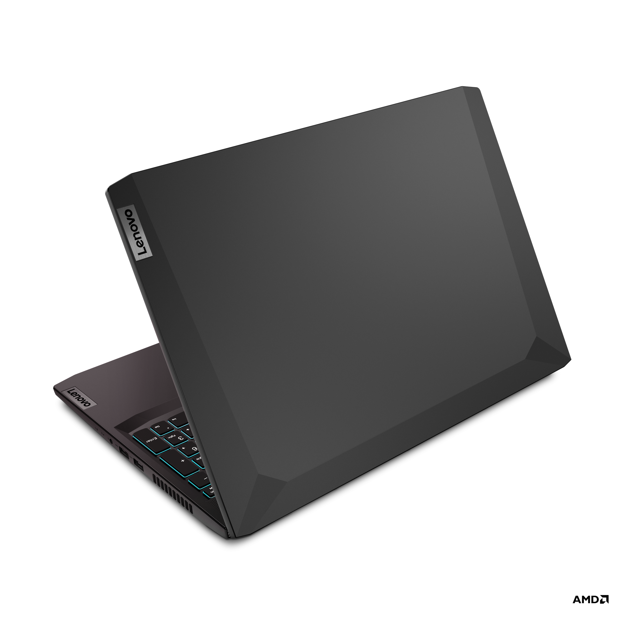 Üstünde Lenovo logosu olan siyah bir dizüstü bilgisayar, klavyeyi göstermek için açılmış.