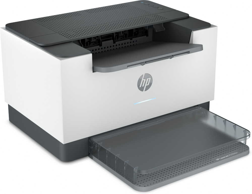 Une imprimante laser HP blanche et grise avec un bac à papier.