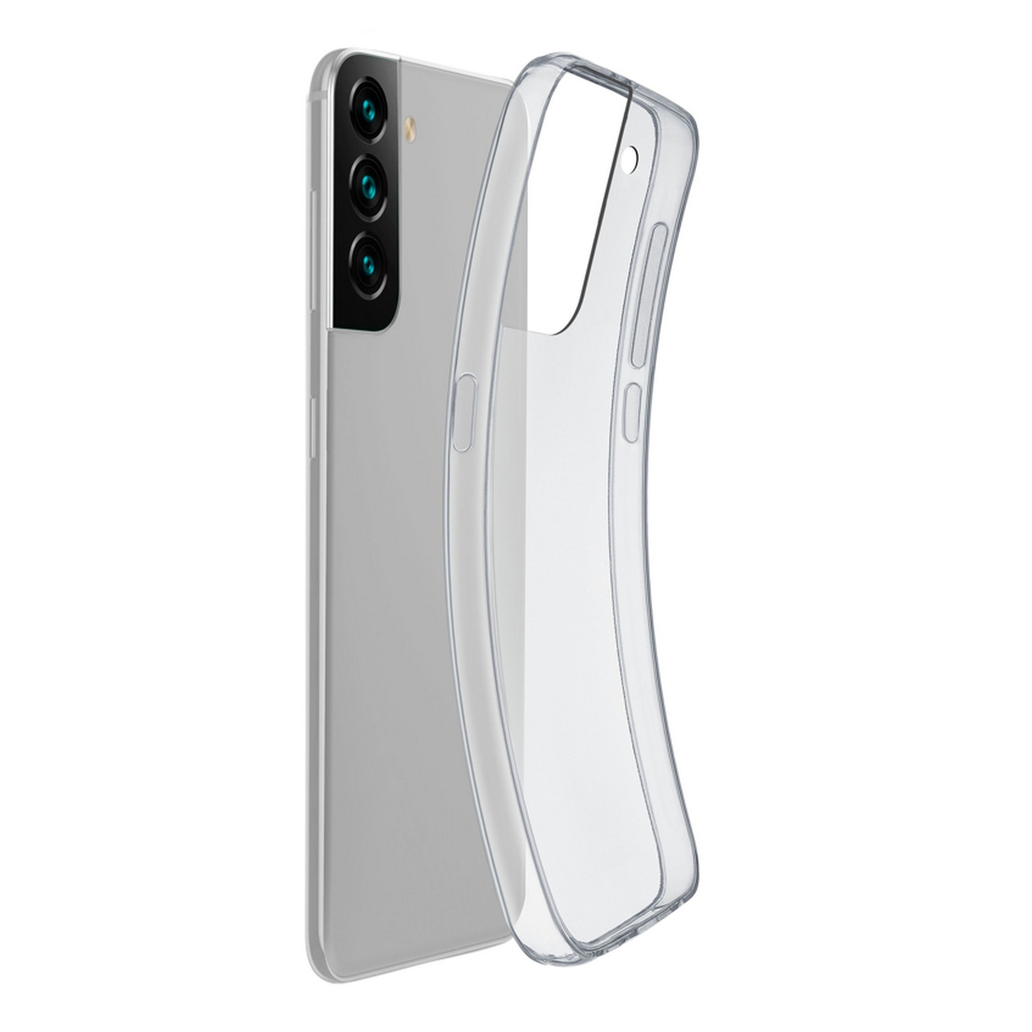 Un smartphone gris con una funda protectora transparente, mostrando la parte trasera del teléfono.