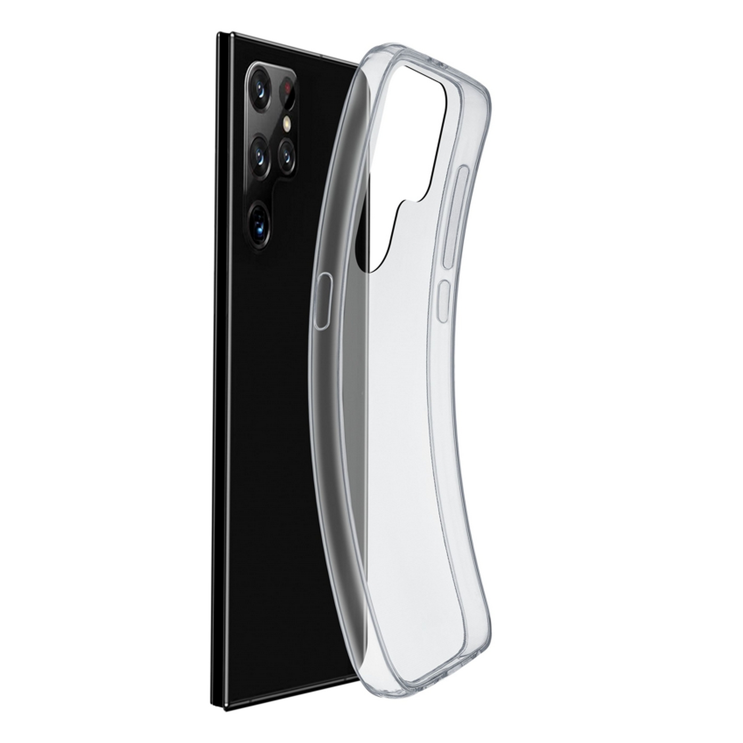 Una funda transparente para teléfono está colocada sobre un teléfono negro, mostrando la parte trasera.