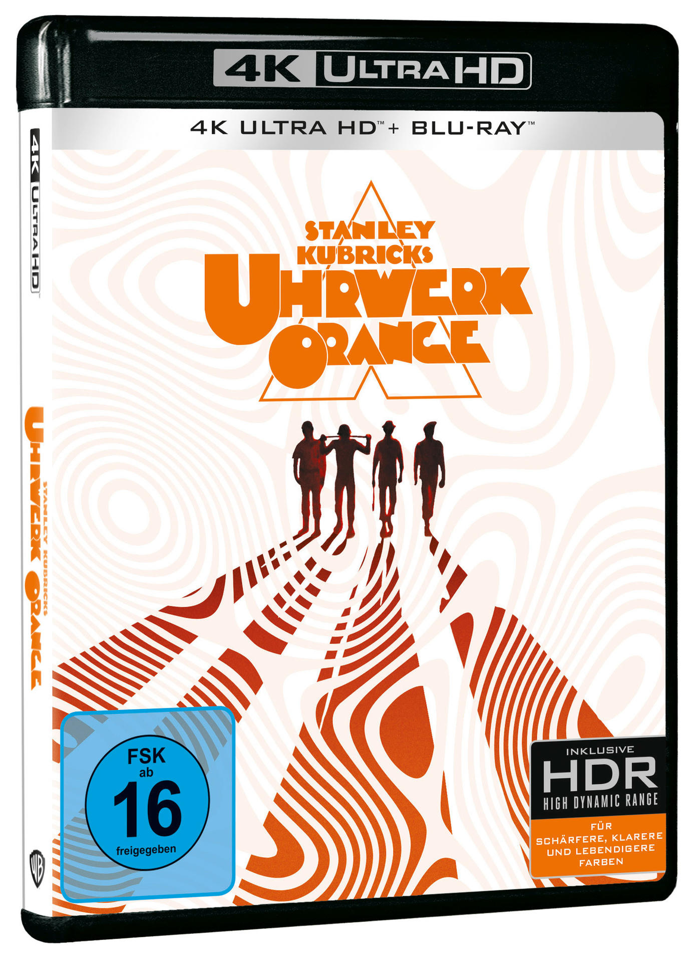 DVD-Hülle von 'Uhrwerk Orange'. Zeigt orangefarbenen Text und ein Foto von vier Männern.