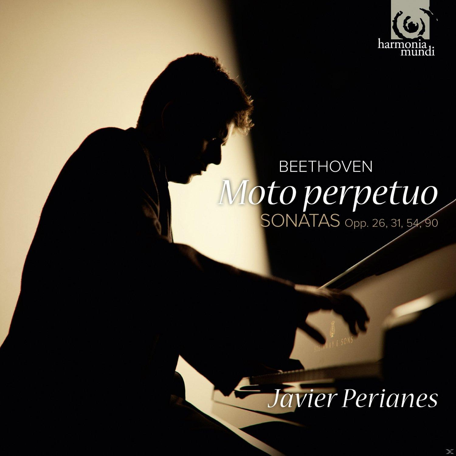 CD borító: Beethoven, Moto perpetuo. Egy zongorázó zongoristának a sziluettje. Szöveg: Javier Perianes.