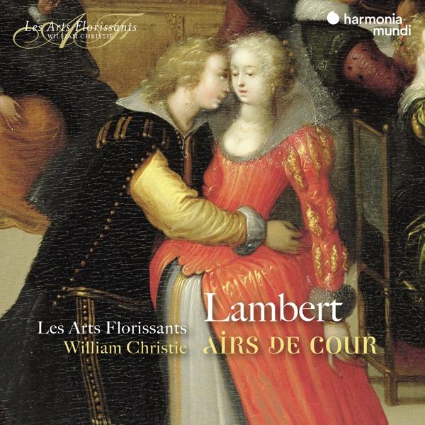 Két embert ábrázoló festmény ölelkezéssel, 'Lambert, Airs de Cour' felirattal.