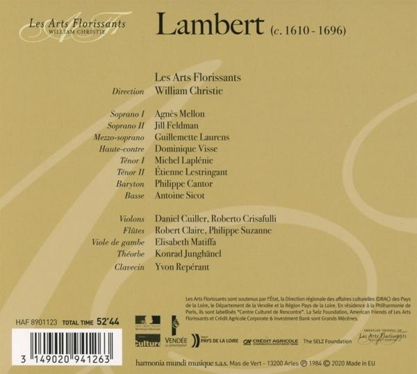 Egy CD borító, amely a 'Les Arts Florissants'-t írja le, és nevek listáját tartalmazza.