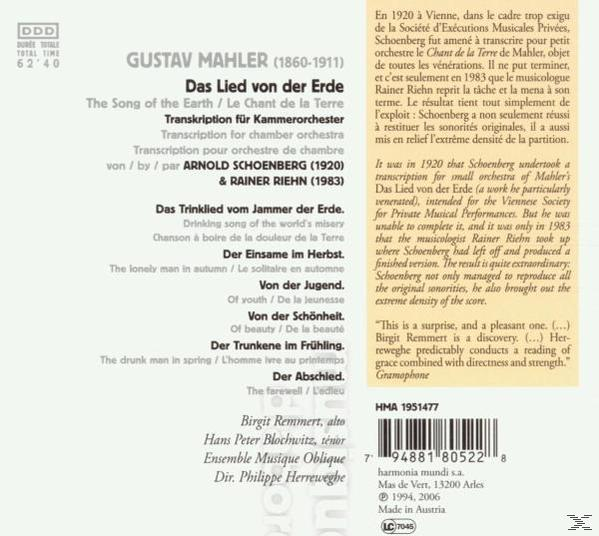 Borító: Mahler 'Das Lied von der Erde' Schoenberg-adaptációban, vez. Herreweghe.