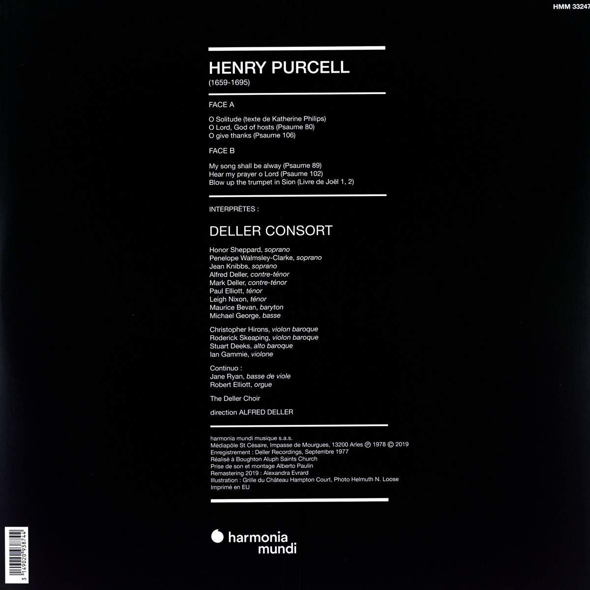 Egy nagylemez hátoldala, Henry Purcell-lel kapcsolatos szöveggel. A szöveg fekete-fehérben. Az alsó részén a lemezcímke látható.
