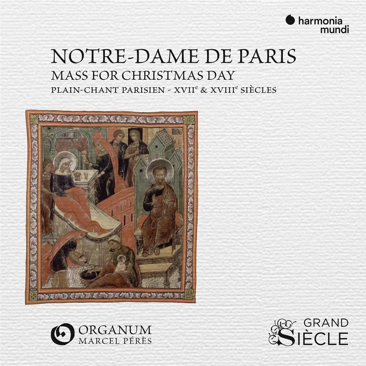 Vallási jelenet művészete a párizsi Notre Dame-ból, francia szöveggel.