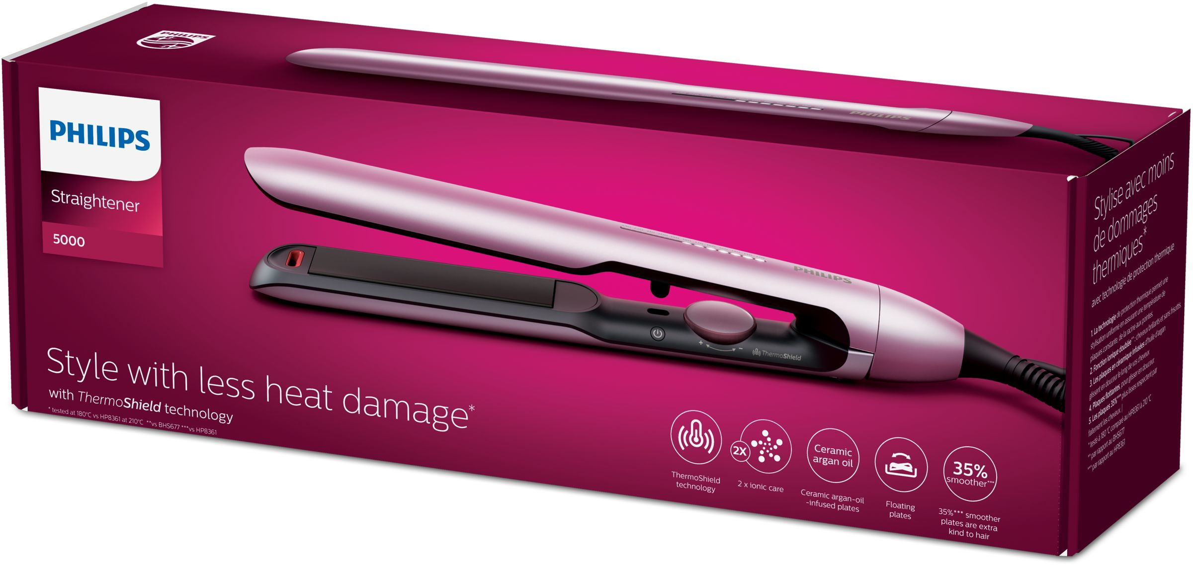Pink hair straightener in a pink box, product shot.